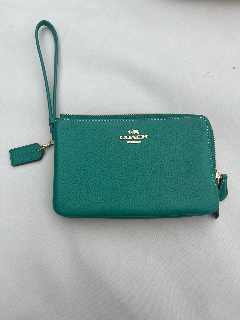 Coach Teal Pebbled Leather Wristlet with Gold Logo